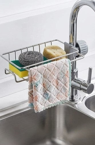 1PC Stainless Steel Faucet Storage Rack – Adjustable Sink Sponge, Rag & Soap Holder