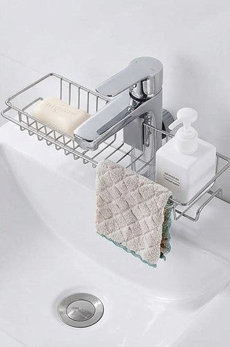1PC Stainless Steel Faucet Storage Rack – Adjustable Sink Sponge, Rag & Soap Holder