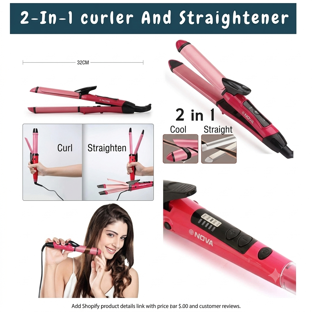 2-in-1 Nova Hair Straightener NHC-1818 – Hair Curler & Straightener