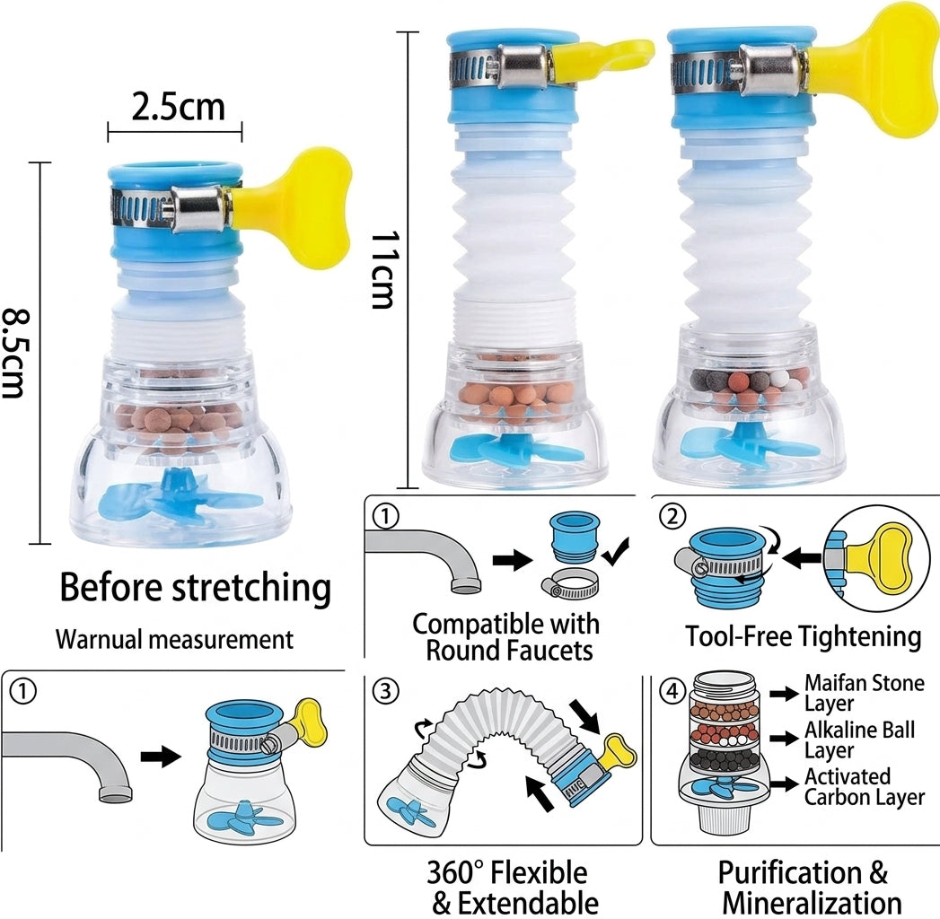 360° Adjustable Flexible Kitchen Faucet Tap Extender – Splash-Proof Water-Saving Sprayer & Filter Diffuser